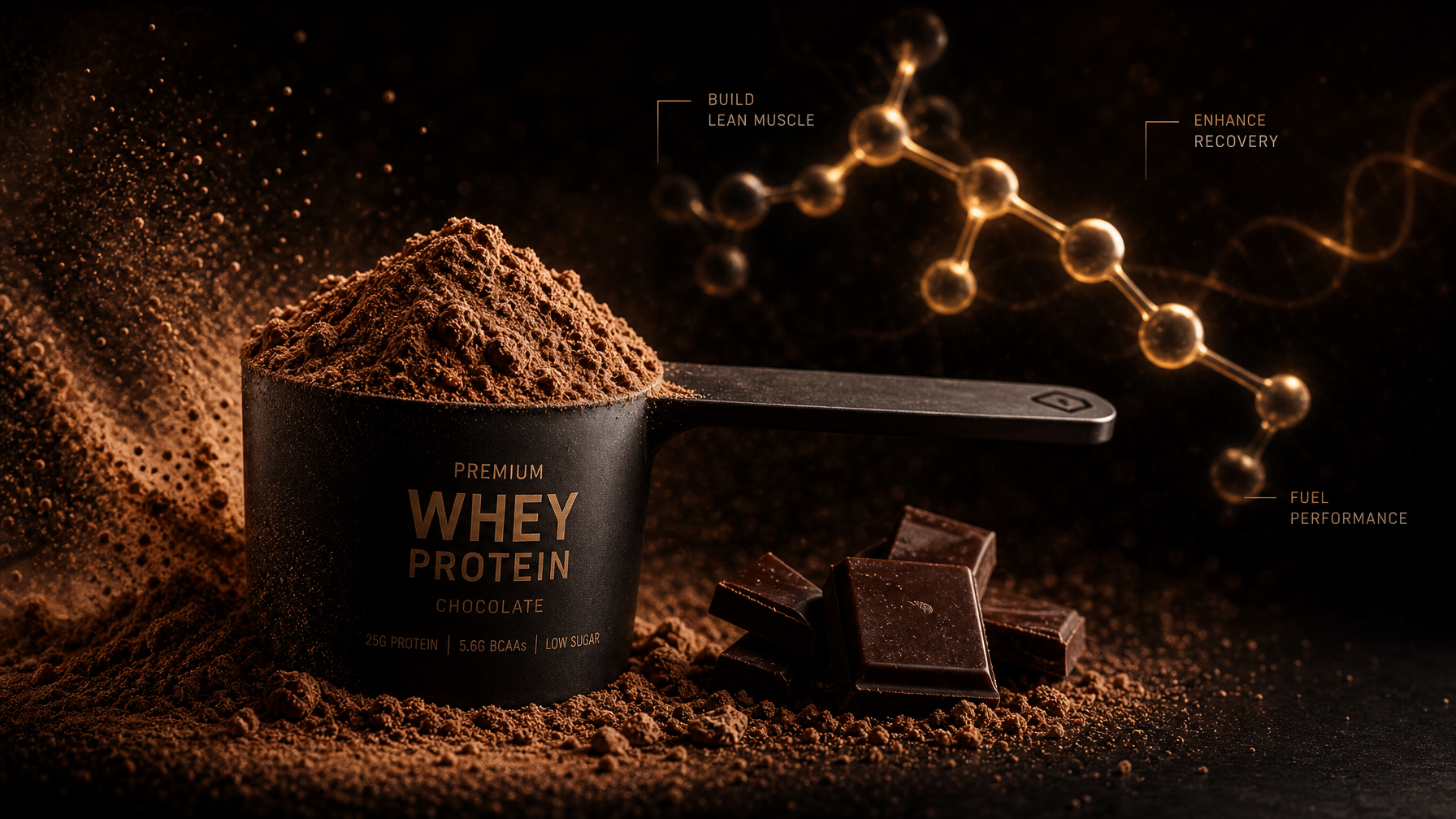 Dark studio photography of chocolate collagen peptide powder with molecular peptide chain visualization in amber light