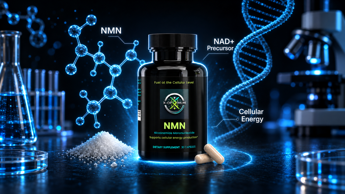 X-Optimum Optimized NMN bottle, a 500 mg nicotinamide mononucleotide NAD+ precursor supplement