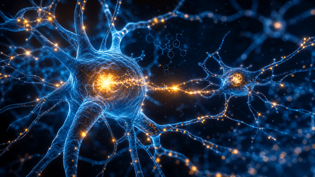 Human neurons firing in vivid blue and gold light, representing cognitive performance and focus formula ingredients