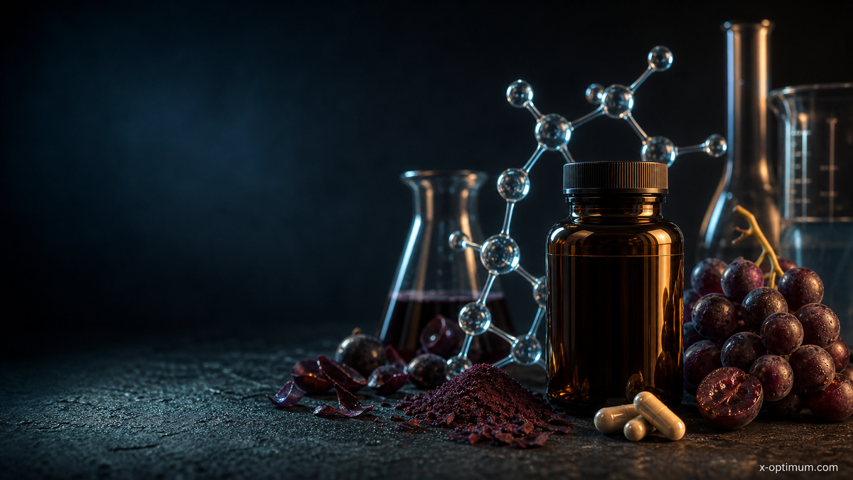 Editorial still life of NAD+ science tools, berries, and capsules representing a sirtuin longevity stack