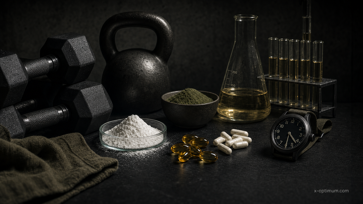 Editorial still life of discipline-first performance supplements, no celebrity likeness