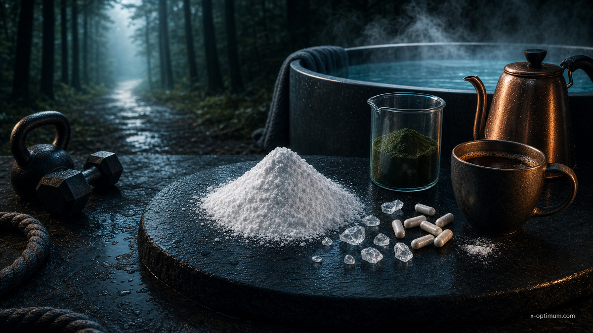 Editorial still life of a Boundless-style performance stack: creatine, collagen, greens, and coffee against a forest training backdrop