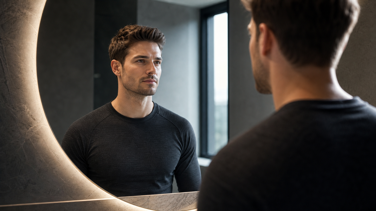 Professional checking skin in morning bathroom light