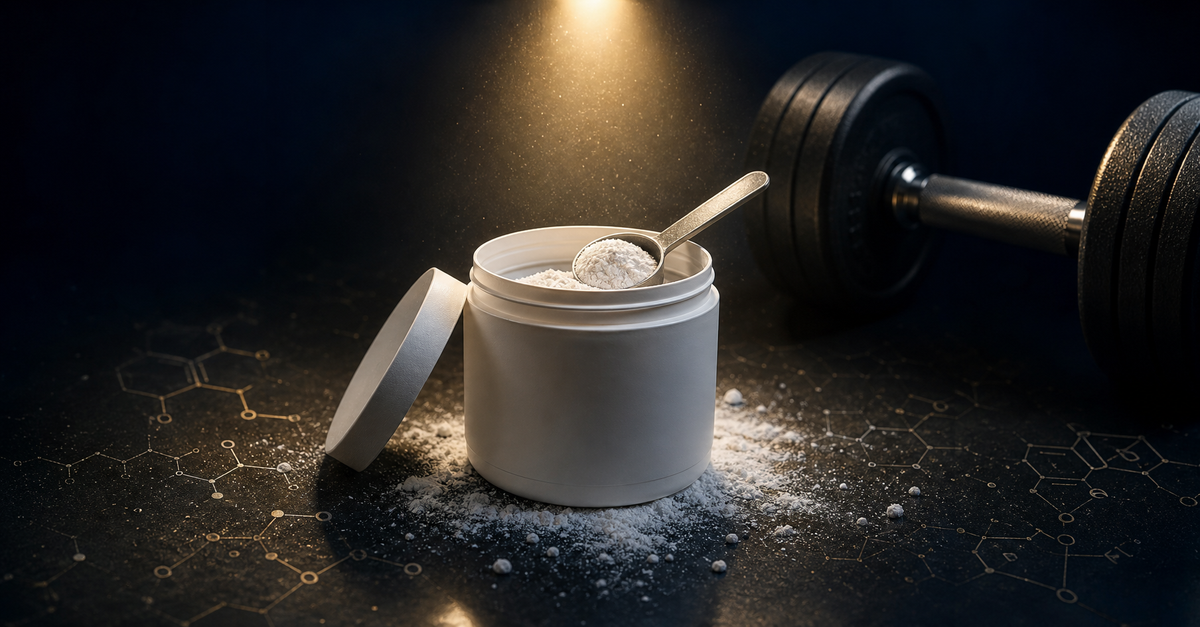 Dramatic cinematic product shot of creatine monohydrate powder with gym equipment in the background