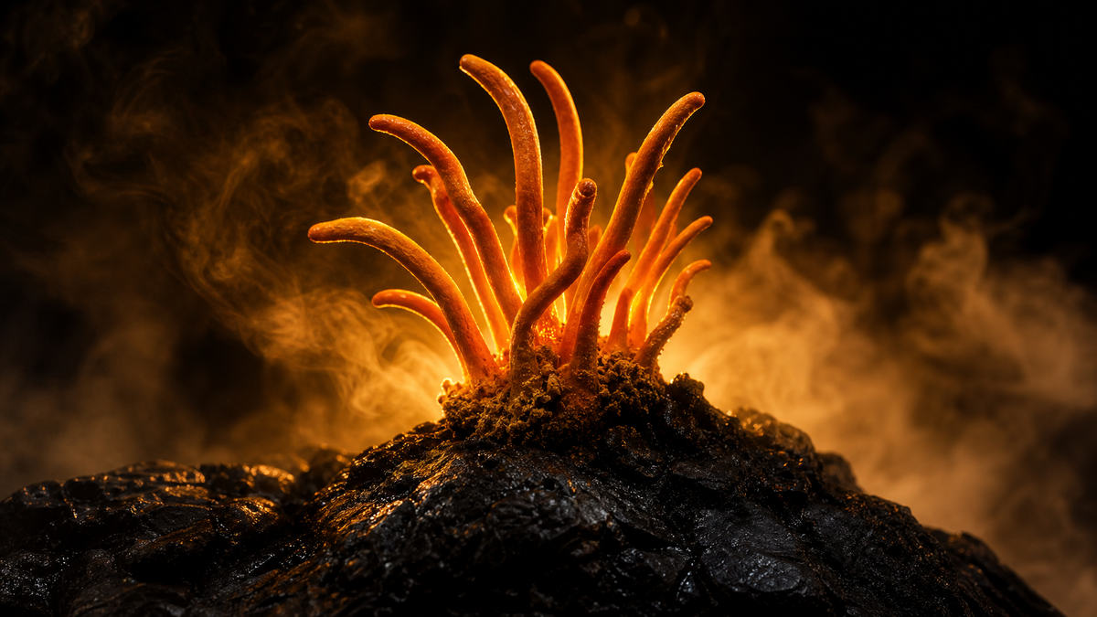 Cordyceps mushroom specimen with dramatic backlighting — cinematic editorial photograph