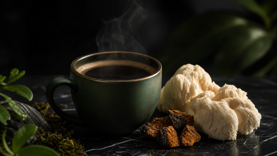 A steaming cup of mushroom coffee with Lion's Mane and Chaga mushrooms on a dark marble surface