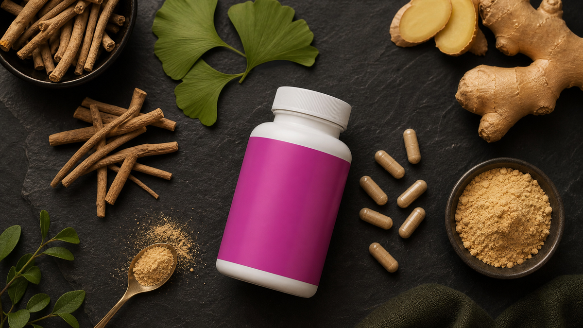 Flat-lay of women's multivitamin capsules with botanical ingredients including ashwagandha, ginkgo, ginger, and maca on dark slate surface