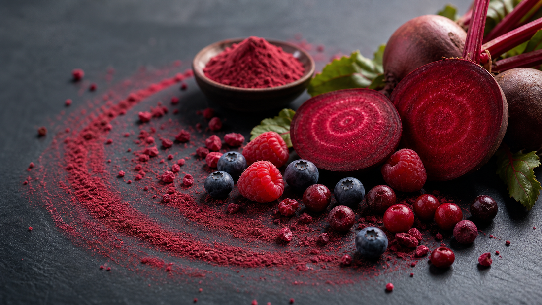 Fresh beetroot slices, berries, and red superfood powder on dark slate, dietary nitrate and antioxidant reds