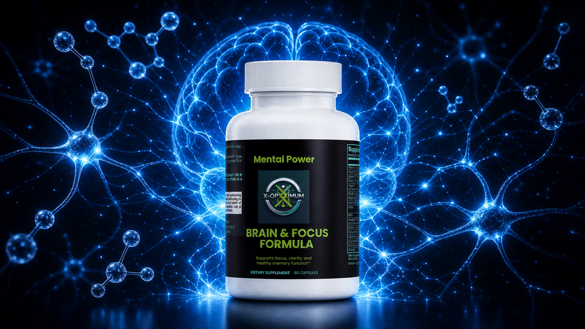 X-Optimum Brain & Focus Formula bottle with glowing neural network — clinical nootropic stack for sustained mental output