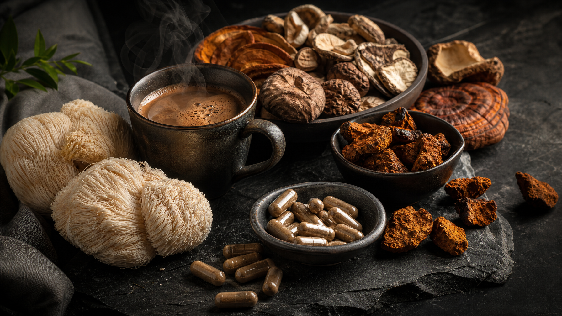 Functional mushroom supplements including lion's mane, chaga, and mushroom coffee arranged on a dark slate surface with dramatic lighting