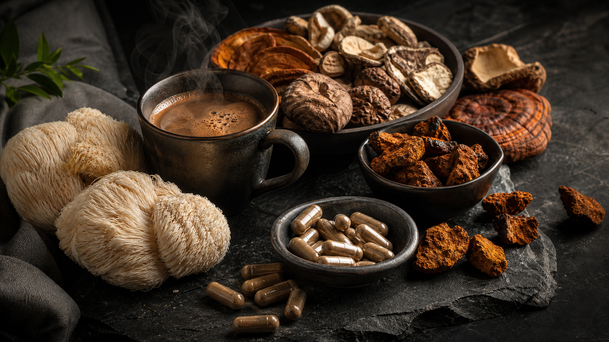 Functional mushroom supplements including lion's mane, chaga, and mushroom coffee arranged on a dark slate surface with dramatic lighting