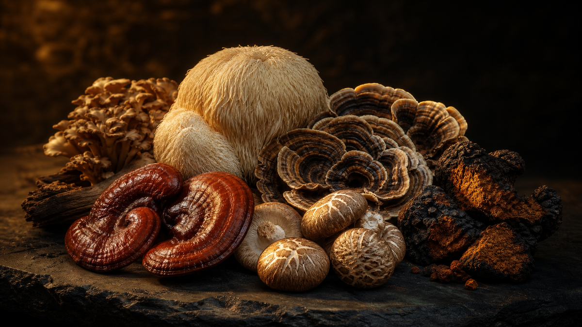 Six medicinal mushrooms — reishi, lion's mane, chaga, turkey tail, shiitake, maitake — arranged on a dark surface with amber studio lighting