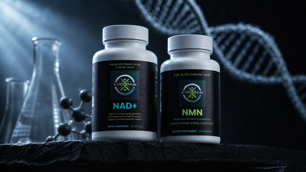 Gary Brecka supplement stack featuring NAD+ and NMN bottles for longevity optimization