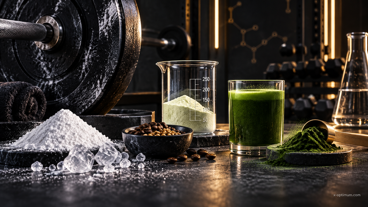 Editorial still life of training hardware, creatine crystals, greens, and coffee on dark stone. x-optimum.com