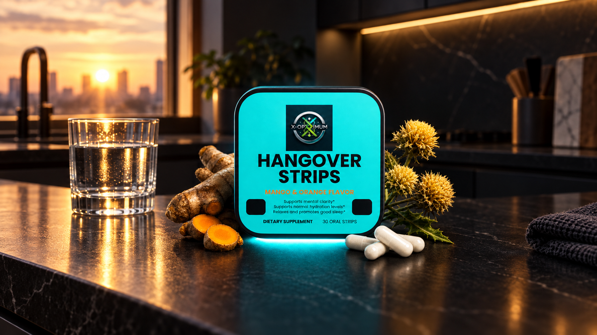 Optimized Hangover Strips on a dawn kitchen counter beside water