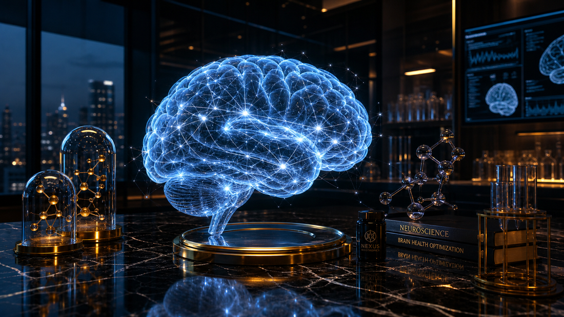 Bioluminescent brain surrounded by nootropic supplement capsules and molecular structures on a dark laboratory surface