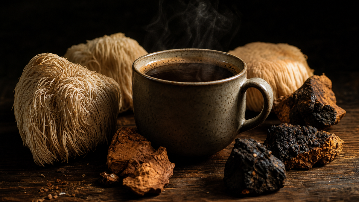 Steaming mug of lion's mane and chaga mushroom coffee surrounded by whole mushrooms on a dark wooden surface