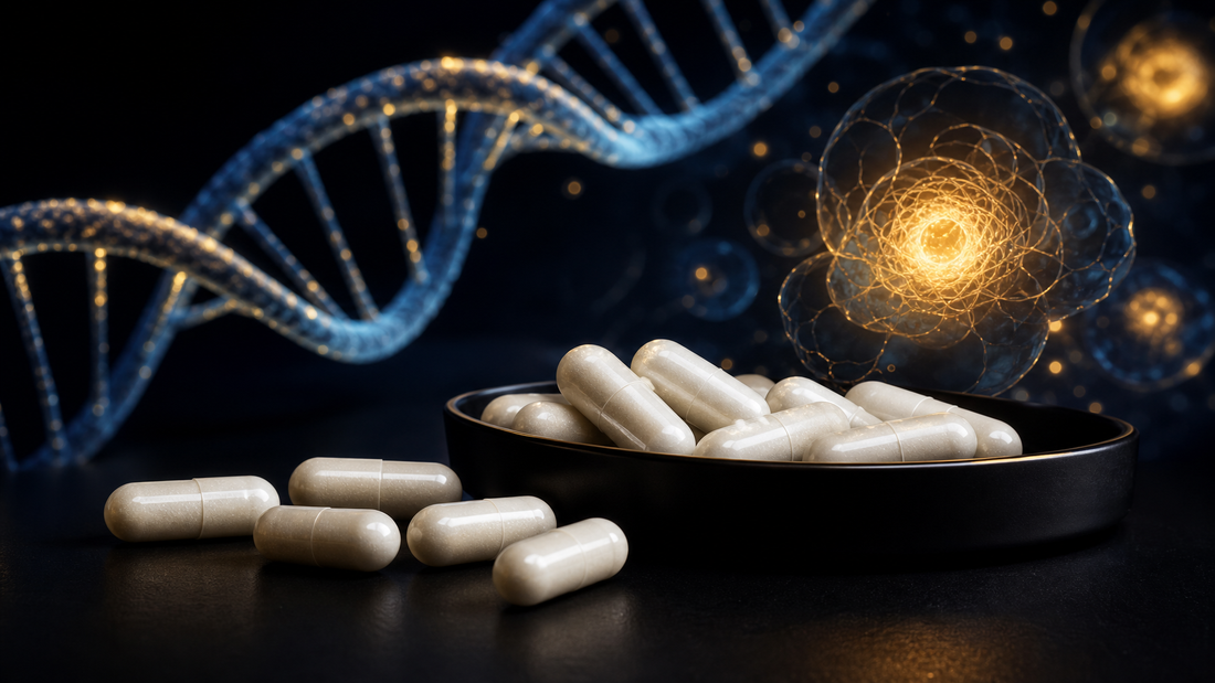 NMN supplement capsules on a dark surface with cellular DNA helix visualization in blue and gold light
