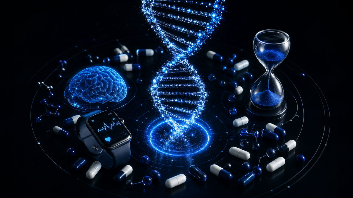 DNA double helix, supplement capsules, and biometric wearable for Bryan Johnson Blueprint longevity protocol article