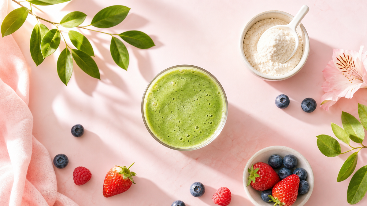Bright feminine wellness flat-lay with greens smoothie, berries, and collagen powder for Mari Llewellyn Bloom Nutrition supplement protocol article