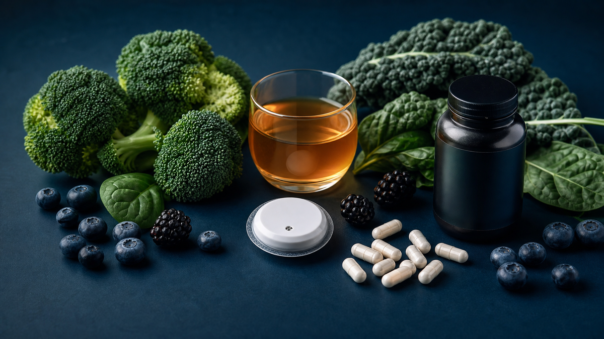 Glucose monitor, vinegar, leafy greens, and supplement capsules flat-lay for Jessie Inchauspé Glucose Goddess blood sugar protocol article