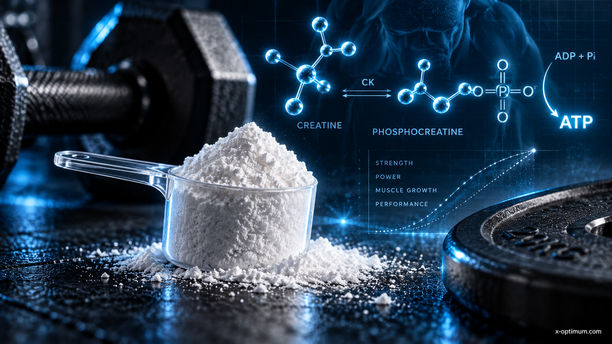 Editorial science header: creatine monohydrate powder and phosphocreatine pathway graphics for Dr. Mike Israetel evidence-based hypertrophy stack
