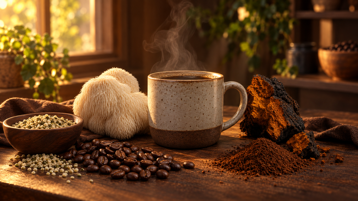 Steaming coffee mug with lion's mane, chaga, hemp seeds, and coffee beans