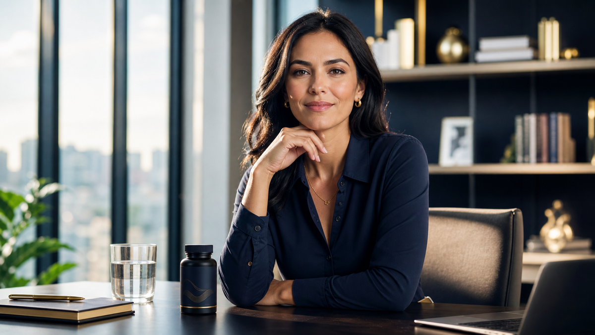 Woman at desk with supplement bottle representing Enhanced Women Multivitamin for hormonal balance